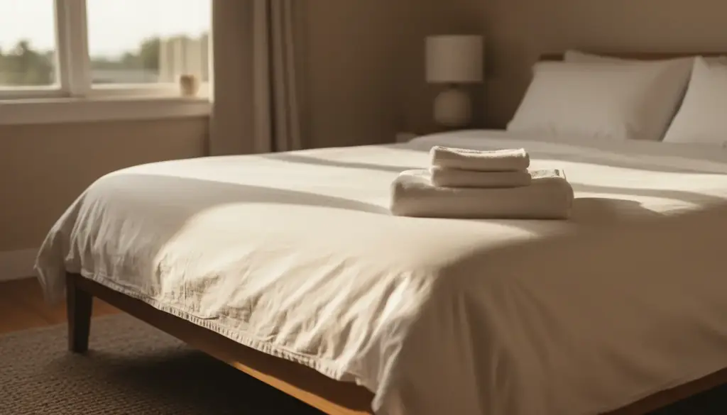 A made bed with folded towels at its foot in soft morning light