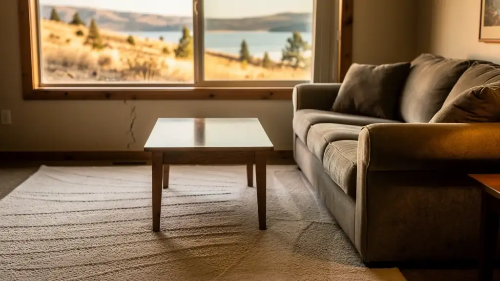A freshly cleaned lake-country living room, vacuum lines in the rug and the lake beyond the window