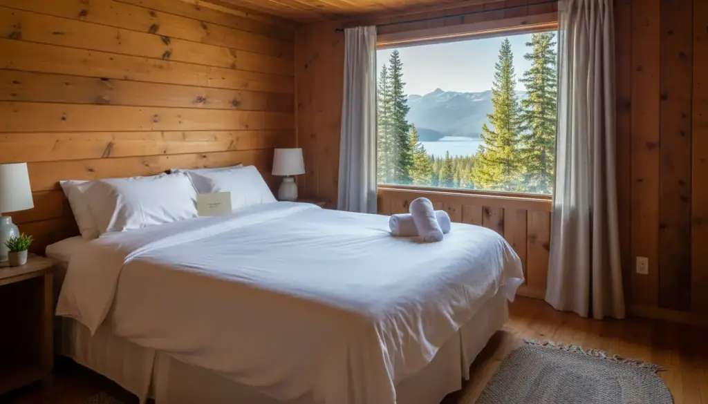 A knotty-pine lake cabin bedroom turned over for the next guest, white bed pulled tight and towels rolled