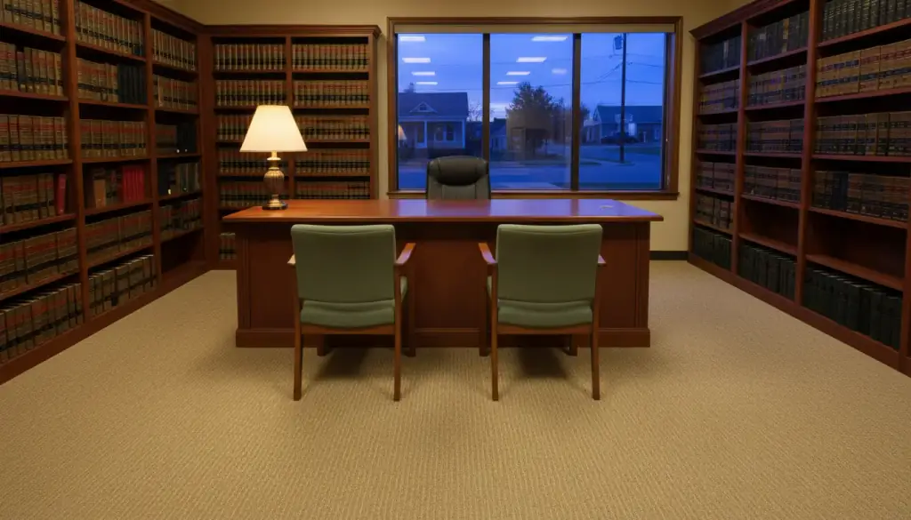 A small-town law office reception after hours, desk wiped clear and fresh vacuum lines in the carpet