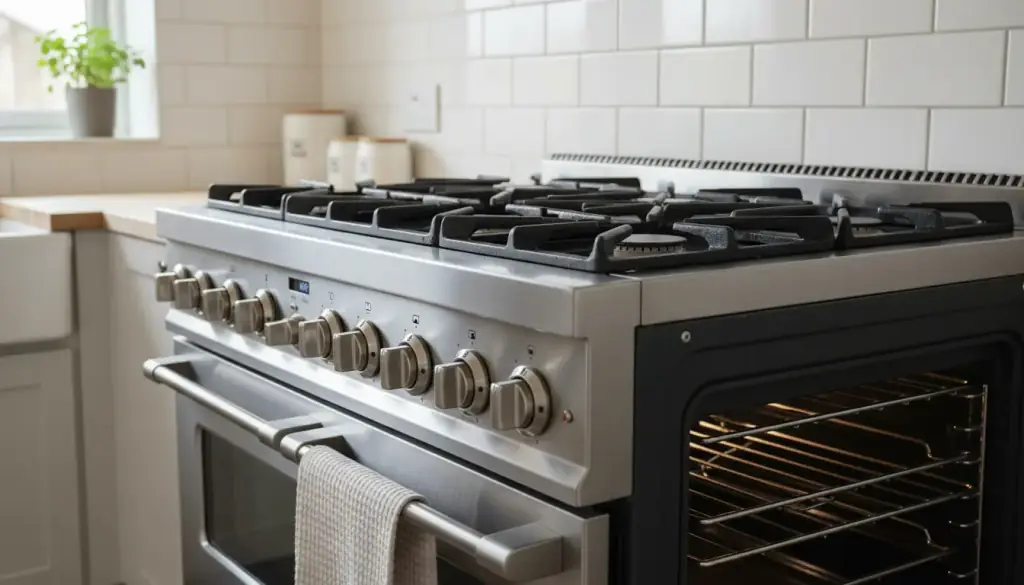 A kitchen range after a deep clean, grates scrubbed back to bare iron and the oven glass clear