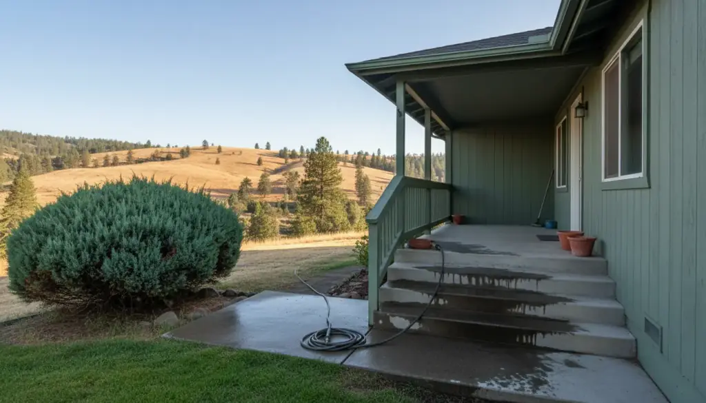 A mountain-town front porch and concrete steps just pressure washed, hose coiled at the foot of the steps