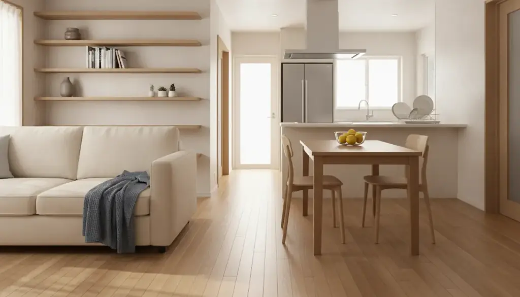 A tidy living room and open kitchen on an ordinary weekday, shelves dusted and floor swept