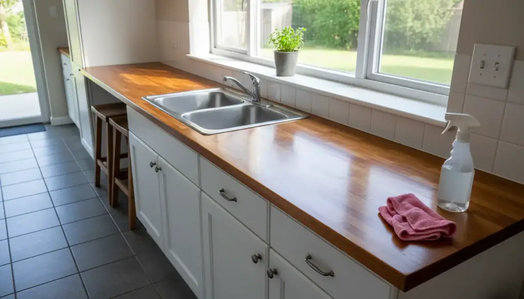 A family kitchen after a routine clean, butcher-block counter wiped bare and the sink shining