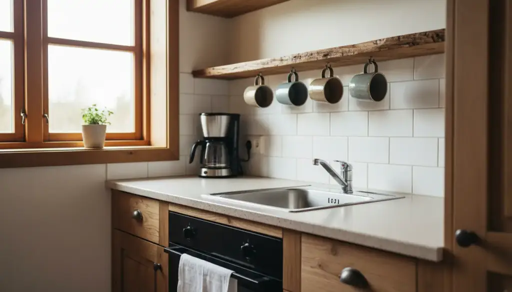 A vacation cabin kitchenette reset between stays, mugs washed and the sink dry